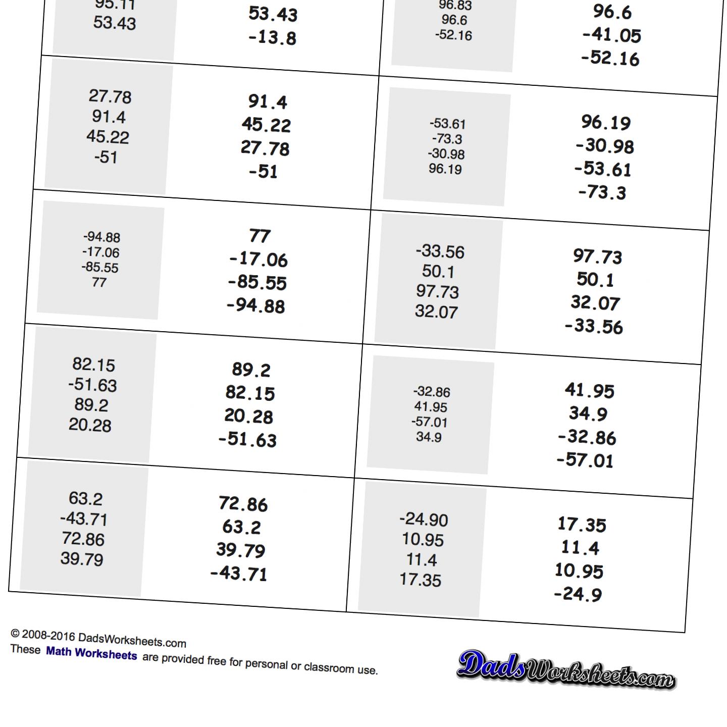 Math Worksheets Positive And Negative Ordering With Decimals