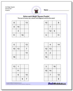 4x4 Magic Square Normal Set 1 Worksheet