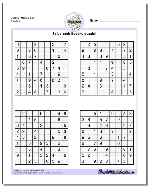 Math Worksheets: Sudoku: Sudoku: Sudoku - Medium Set 1 (Fourth Worksheet)