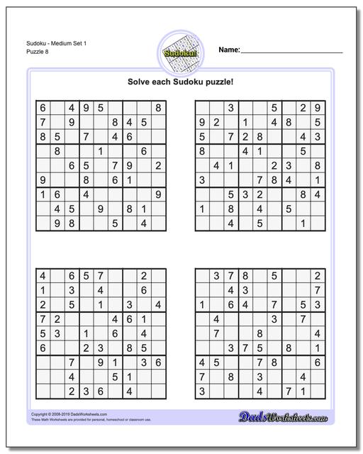 Math Worksheets: Sudoku: Sudoku: Sudoku - Medium Set 1