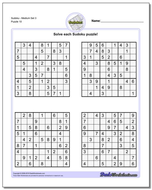 Math Worksheets: Sudoku: Sudoku: Sudoku - Medium Set 3