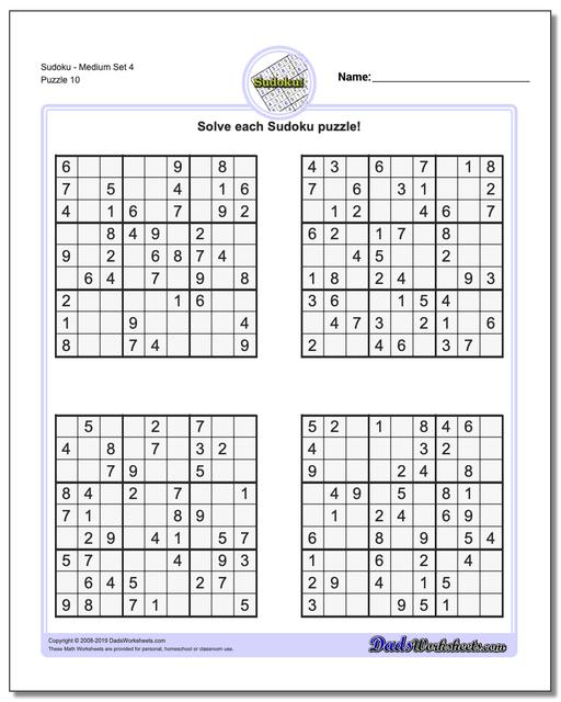 Math Worksheets: Sudoku: Sudoku: Sudoku - Medium Set 4