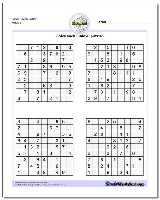 Math Worksheets: Sudoku: Sudoku: Sudoku - Medium Set 5