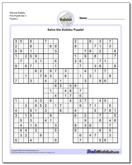 Math Worksheets: Sudoku: Sudoku: Samurai Sudoku Five Puzzle Set 3