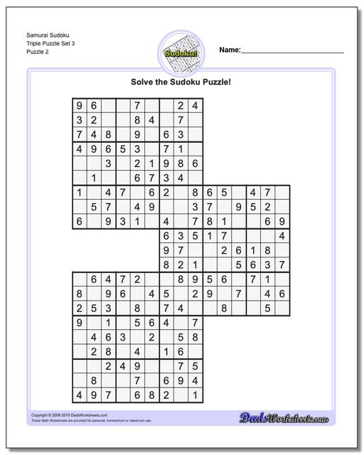 Math Worksheets: Sudoku: Sudoku: Samurai Sudoku Triple Puzzle Set 3