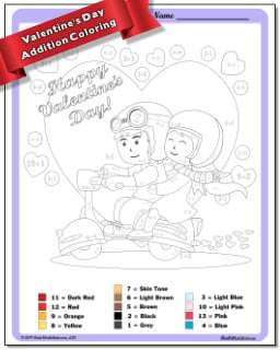 Valentine's Day Addition Color by Number Worksheet