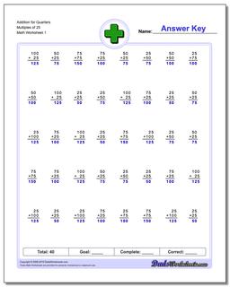 Addition Worksheet for Quarters Multiples of 25
