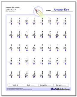 Spaceship Math Addition Worksheet L 7+2, 2+7, 4+7, 7+4