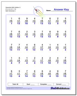 Spaceship Math Addition Worksheet O 4+3, 3+4, 6+7, 7+6