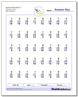 Addition Worksheet Spaceship Math Q 5+8, 8+5, 7+9, 9+7