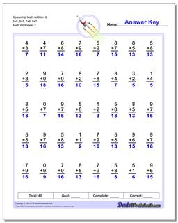 Spaceship Math Addition Worksheet Q 5+8, 8+5, 7+9, 9+7