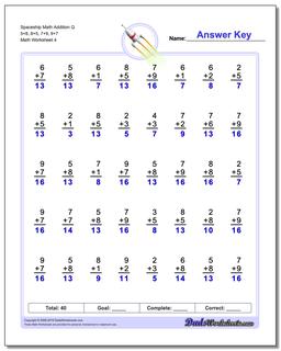 Spaceship Math Addition Worksheet Q 5+8, 8+5, 7+9, 9+7