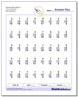 Spaceship Math Addition Worksheet S 7+3, 3+7, 8+9, 9+8
