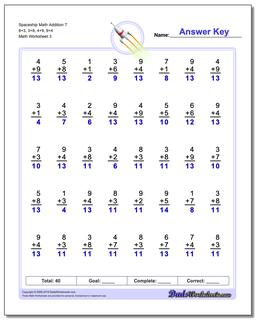 Spaceship Math Addition Worksheet T 8+3, 3+8, 4+9, 9+4