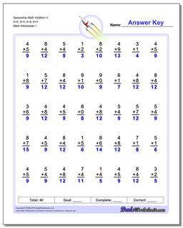 Addition Worksheet Spaceship Math V 4+5, 5+4, 4+8, 8+4