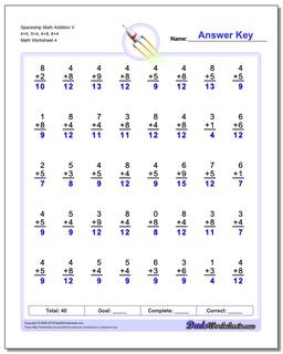 Spaceship Math Addition Worksheet V 4+5, 5+4, 4+8, 8+4