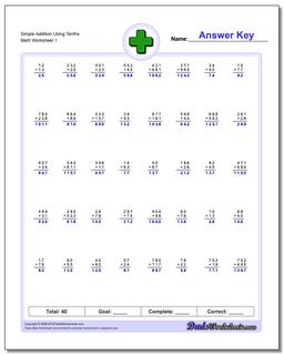 Addition Worksheet Simple Using Tenths