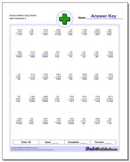 Simple Addition Worksheet Using Tenths