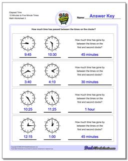 Elapsed Time 15 Minutes to Five Minute Times Worksheet