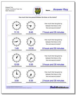 Analog Elapsed Time Harder Five Minute Times Two Worksheet