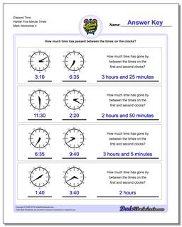 Elapsed Time Harder Five Minute Times Worksheet