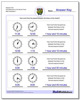 Analog Elapsed Time Hours/Minutes to Five Minute Times Worksheet