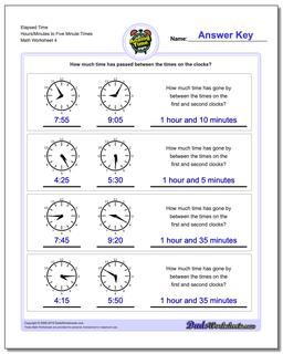 Elapsed Time Hours/Minutes to Five Minute Times Worksheet