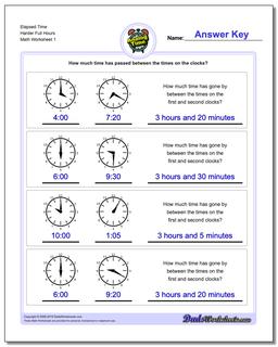 Analog Elapsed Time Harder Full Hours Worksheet