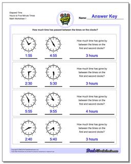 Analog Elapsed Time Hours to Five Minute Times Worksheet