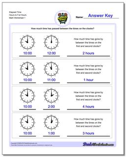 Analog Elapsed Time Hours to Full Hours Worksheet