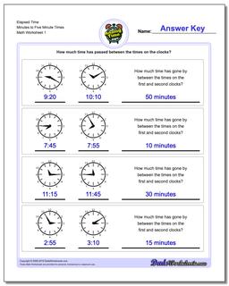Analog Elapsed Time Minutes to Five Minute Times Worksheet