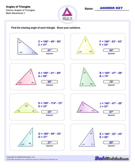 Math Worksheets Angles Of Triangles Angles Of Triangles Missing Interior Angle V1 1038