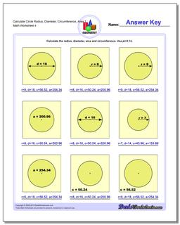 Calculate Circle Radius, Diameter, Circumference, Area 1 Worksheet