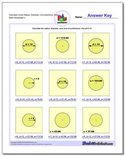 Calculate Circle Radius, Diameter, Circumference, Area 2 Worksheet