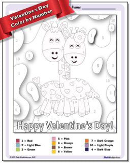 Valentine's Day Giraffes Color by Number Worksheet