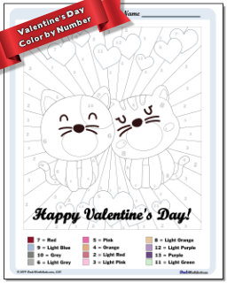 Valentine's Day Kittens Color by Number Worksheet