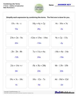 Combining Like Terms Worksheets