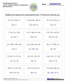 Combining Like Terms Worksheets