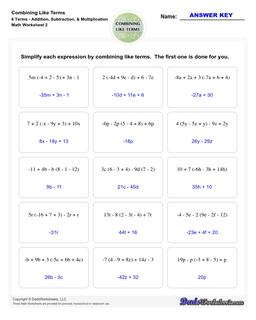 Combining Like Terms Worksheets