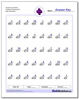 Division Worksheet Fact Practice Numbers Divided by Nine