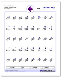 Division Worksheet Fact Practice Numbers Divided by Seven