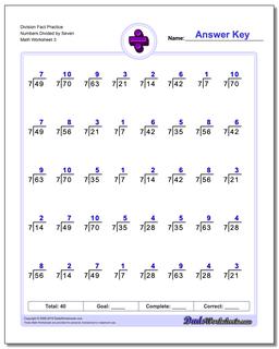 Division Worksheet Fact Practice Numbers Divided by Seven
