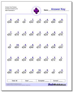 Division Worksheet Fact Practice Numbers Divided by Six
