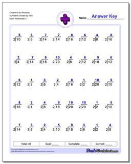 Division Worksheet Fact Practice Numbers Divided by Two
