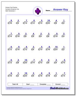 Division Worksheet Fact Practice Numbers Divided by Two