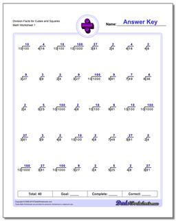 Division Worksheet Facts for Cubes and Squares