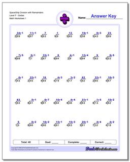 Division Worksheet SpaceShip with Remainders Level FSixties