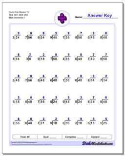 Division Worksheet Facts Only 16 56/8, 56/7, 48/8, 48/6