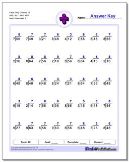 Facts Only Division Worksheet 16 56/8, 56/7, 48/8, 48/6