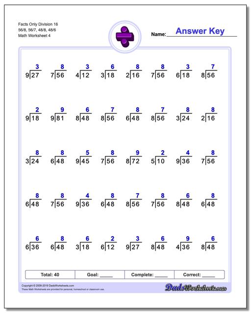Math Worksheets: Division: Division: Facts Only Division 16 56/8, 56/7